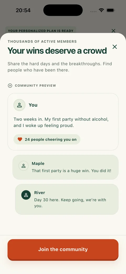 In-app community preview showing an example post, supportive replies and reactions