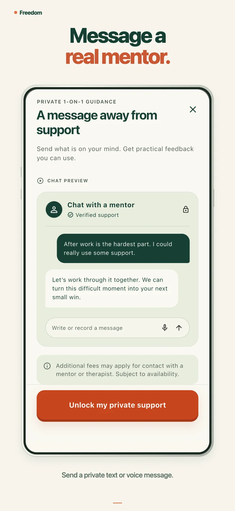Freedom app private mentor message preview.