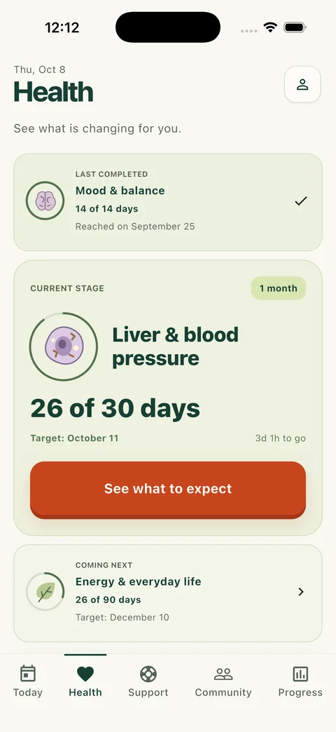 Freedom Health screen with personal wellbeing tracking