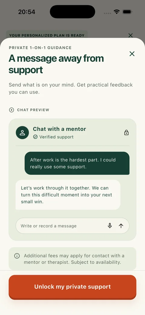 In-app mentor chat preview showing an example conversation and the voice message control