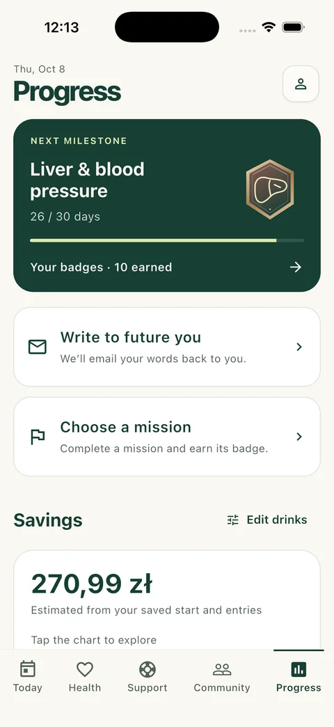 Freedom Progress screen with savings and milestones