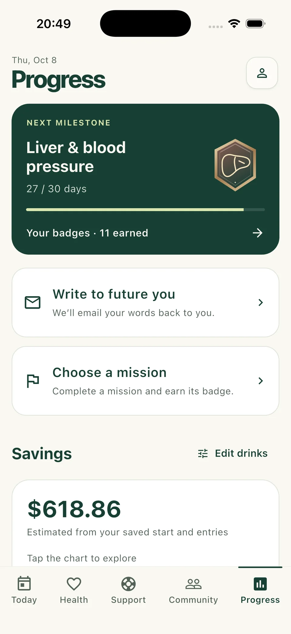 Freedom Progress screen with an example milestone and estimated savings.