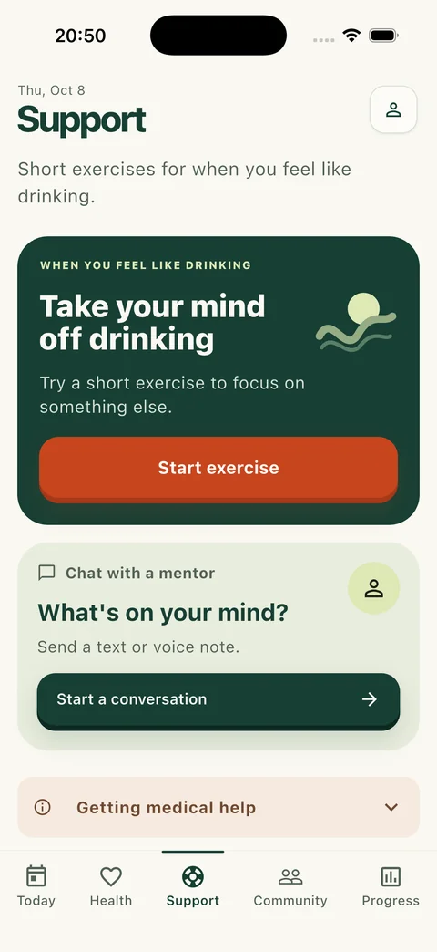 Freedom app Support screen with craving exercises and private mentor messaging