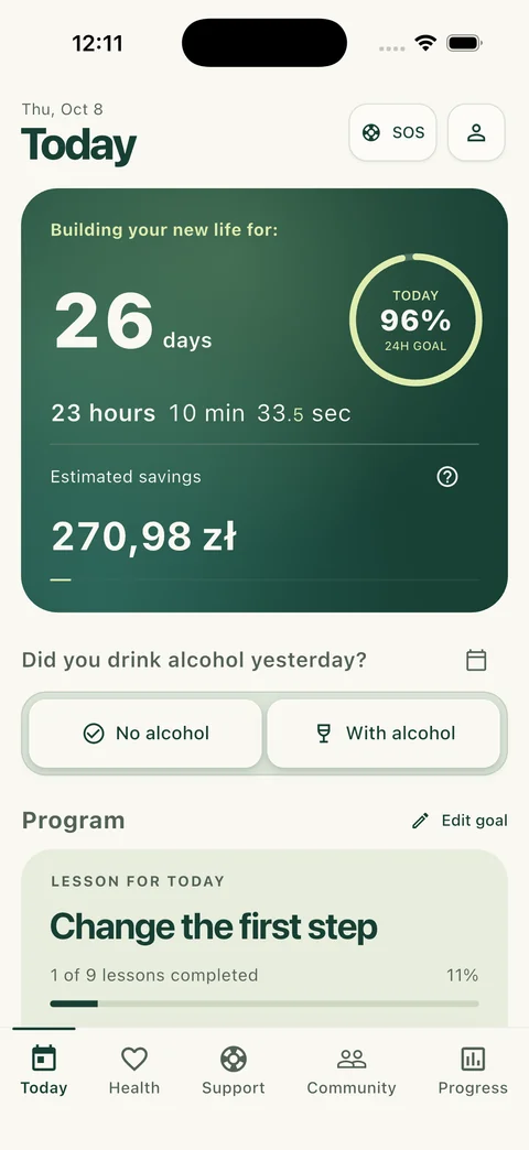 Freedom Today screen with alcohol-free time and daily learning
