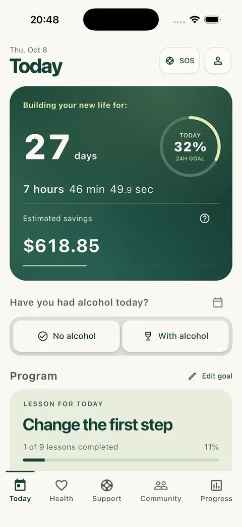 Freedom app Today screen showing 27 alcohol-free days and $618.85 in estimated savings